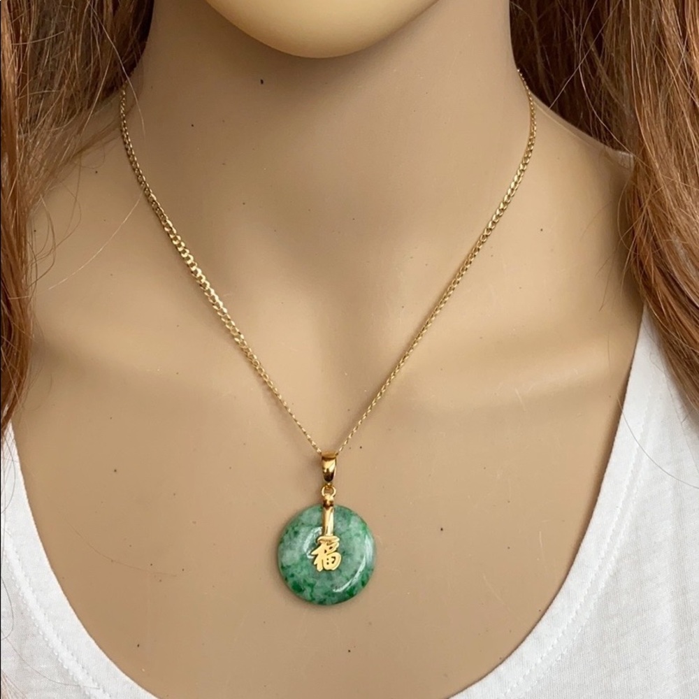 14K Real solid Gold Happiness Chinese Kanji Jade Pendant